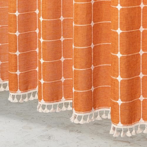 MitoVilla No Hooks Needed Orange Boho Shower Curtain with Snap-in Liner, Farmhouse Cotton Linen Fabric Shower Curtains with Tassels for Rustic Neutral Bathroom Decor, Burnt Orange, 72 x 74