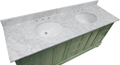 Bella 72-inch Double Bathroom Vanity (Carrara/Sage Green): Includes Sage Green Cabinet with Authentic Italian Carrara Marble Countertop and White Ceramic Sinks