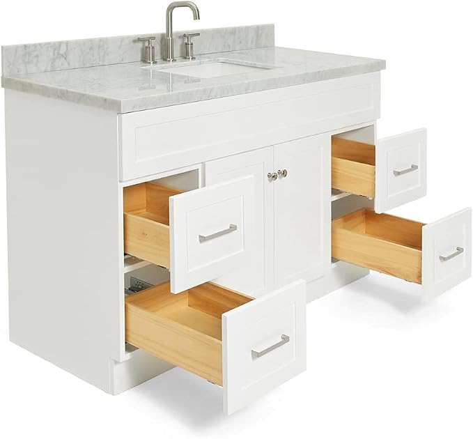 DKB Bradford 54" White Bathroom Vanity, 1.5" Edge Italian Carrara Marble Countertop, Rectangular Undermount Sink, 2 Soft Closing Doors, 4 Dovetail Drawers