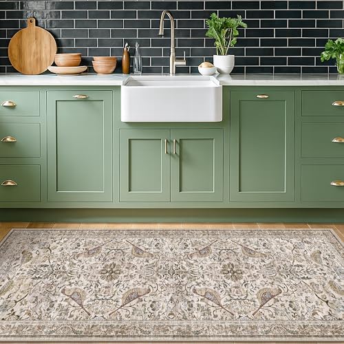 Hazo Haus Boho Moss 2x5 Laundry Room Rug - Floral & Bird Runner Rug for Kitchen Floor, Hallway, Bedroom, Entrance, Taupe Green Neutral Vintage Decor, Washable Non Slip Low Pile