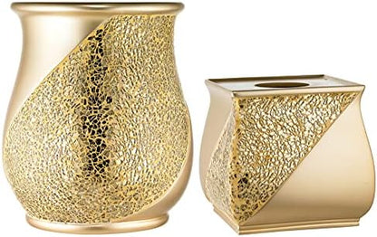 Zahari Home 2pc Sinatra Modern Bath Accessories Set Waste Basket & Tissue Box Champagne Gold Modern Decorative Beautiful Designs Bathroom Decor Set for Home Luxury Bath Set Mosaic Glass
