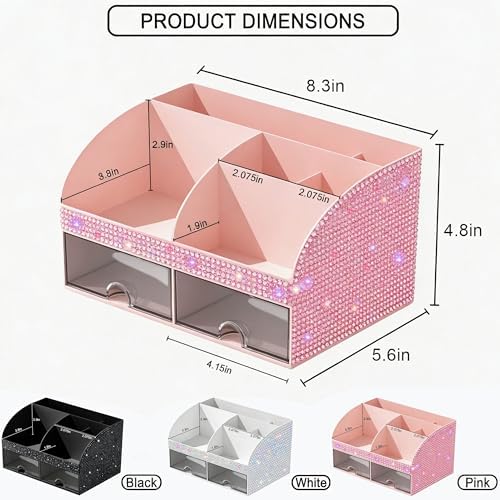 Bling Makeup Organizer with Drawers, Cosmetic Storage for Dresser Vanity and Bathroom Countertop, Beauty Holder for Lipstick Brush, Skincare Organizer for Vanity, Cosmetic Display Case Bling Pink
