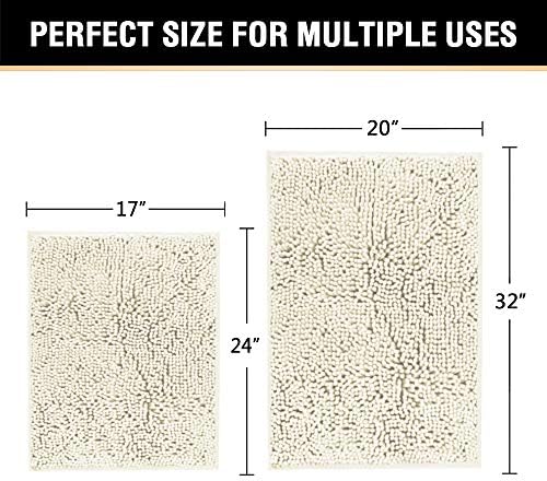 H.VERSAILTEX Microfiber Bath Rugs Chenille Floor Mat Ultra Soft Washable Bathroom Dry Fast Water Absorbent Bedroom Area Rugs Indoor Mats for Entryway, Cream 20" x 32"/17" x 24"