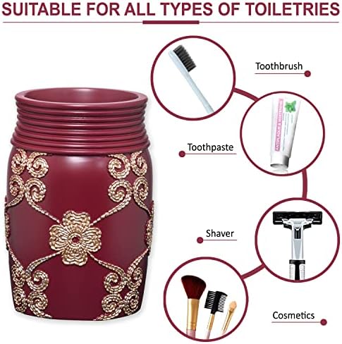 Zahari Home 4pc Elegant Rose Burgundy Bathroom Set Classic Bathroom Lotion Dispenser, Tumbler, Toothbrush Case and Bar Soap Holder Modern Uunique Design Burgundy Red Bathroom Accessories
