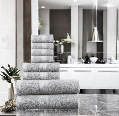 BY LORA 8-Pc Cotton Towel Set, Quick Dry Hotel Bath Hand Washcloths, Grey