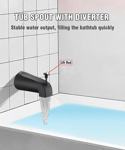 Tub Spout with Diverter, Slip On Bathtub Spout Fits 1/2'' Copper Tube(5/8'' Dia), Bathroom Tub Faucet with PTFE Tape & Hex Wrench, Matte Black