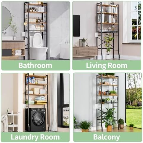 Over-The-Toilet Storage Rack 4-Tier,Bathroom Organizer Shelf Over Toilet,Adjustable Wooden Shelves and Basket,Freestanding Above Toilet Shelf,Space Saver for Rooms(Black Rack-Rustic Brown Shelves)