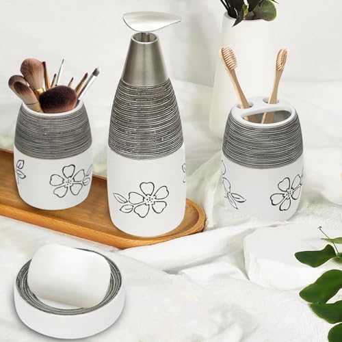 CERBIOR Bathroom Accessories Set,4 PCS Ceramic Bath Accessory,White Flower