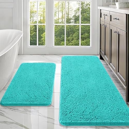 OLANLY Chenille Bathroom Rugs Mats Sets 2 Piece, 47"x20"+30"x20", Teal