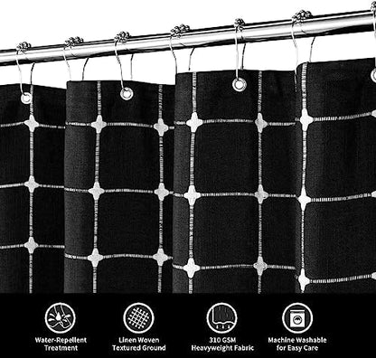 Boho Farmhouse Classic Plaid Linen Tassel Shower Curtain Black,72x84