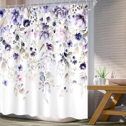 Purple Floral Girls Girly Boho Watercolor Bathroom Shower Curtain Set