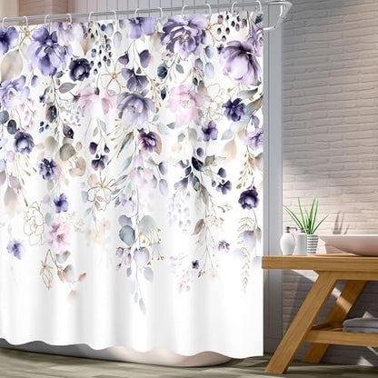 Purple Floral Girls Girly Boho Watercolor Bathroom Shower Curtain Set