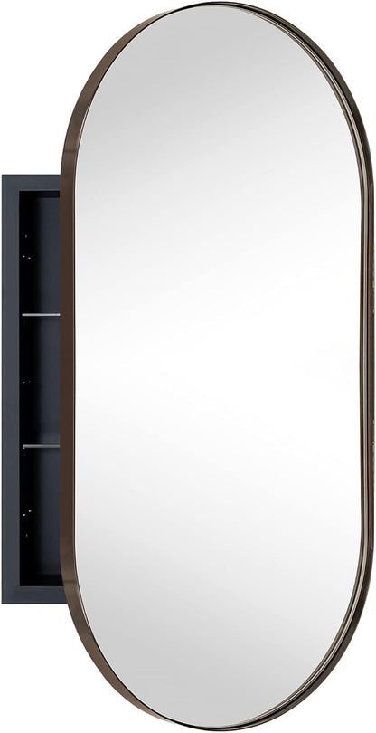 Oil Rubbed Bronze Oval Recessed Bathroom Medicine Cabinet with Mirror Stainless Steel Metal Framed Oblong Pill Shaped Bathroom Cabinet with Mirror 16x33''