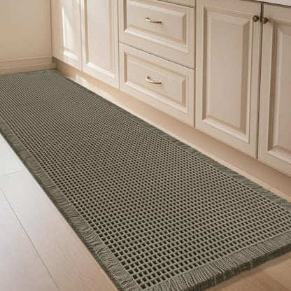 IM HOME Waffle Runner Rug Olive Green 6'x2', Boho Woven Modern Bath Mat Rugs, Absorbent Non Slip Bathroom Rugs, Soft Washable Bath Rugs with Tassels for Bathroom, Bedroom, Kitchen, Shower, Tub