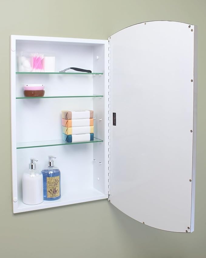 Fox Hollow Furnishings 16x26 Harper Crescent Metal Framed Rectangle Recessed Bathroom Medicine Cabinet, Arced Mirror, 14x24 in-Wall Opening, Adjustable Glass Shelves, Magnet Close, Brushed Nickel