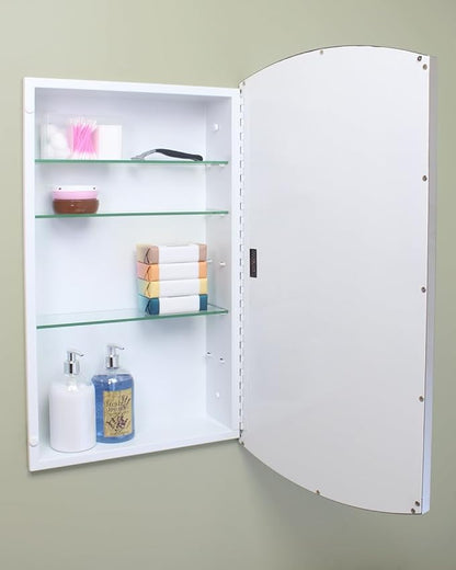 Fox Hollow Furnishings 16x26 Harper Crescent Metal Framed Rectangle Recessed Bathroom Medicine Cabinet, Arced Mirror, 14x24 in-Wall Opening, Adjustable Glass Shelves, Magnet Close, Brushed Nickel