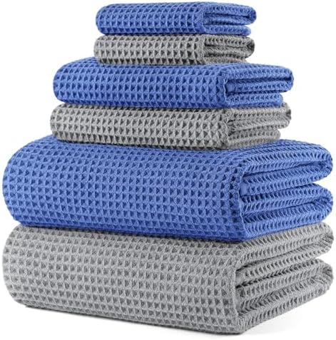 POLYTE 430 GSM Poly Blend Microfiber Quick Dry Waffle Bath Towel Set of 6