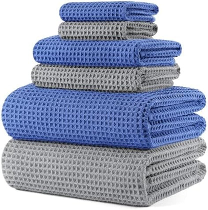 POLYTE 430 GSM Poly Blend Microfiber Quick Dry Waffle Bath Towel Set of 6