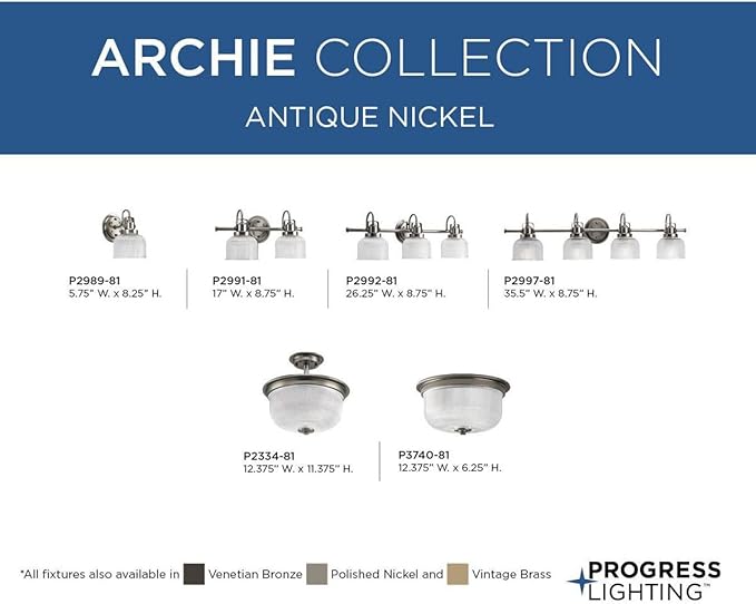 Progress Lighting P2992-81 Archie Collection Clear Double Prismatic Glass Coastal Bath Vanity, 3-Light, Antique Nickel