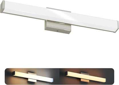 24 Inch Bathroom Vanity Light Fixtures with Night Light: Long Square Wall Mounted LED Lighting Bar over mirror with 5CCT & 2200K Color Changing, 120V, 1230-1350lm, ETL, Brushed Nickel, 1-Pack