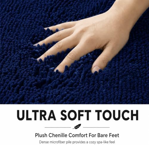 Bathroom Rugs Sets 2 Piece,Super Absorbent Soft,Thick,Machine Washable Chenille Bath Mat,Non Slip Toilet Floor Rug,Bath Mats for Bathroom,20x32 Plus 20x20 U Shape,Navy Blue