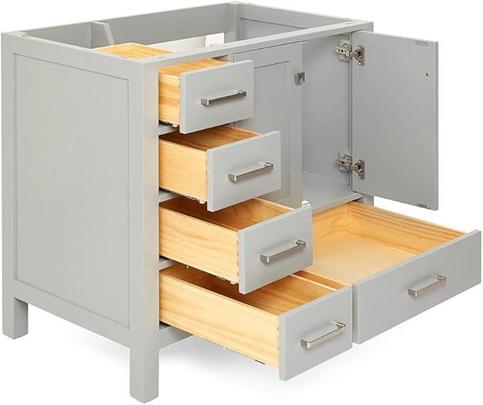 ARIEL Cambridge 36-inch Bathroom Vanity Base Cabinet,Solid Wood, 2 Soft Closing Doors, 5 Dovetail Drawers, Grey