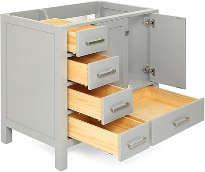 ARIEL Cambridge 36-inch Bathroom Vanity Base Cabinet,Solid Wood, 2 Soft Closing Doors, 5 Dovetail Drawers, Grey