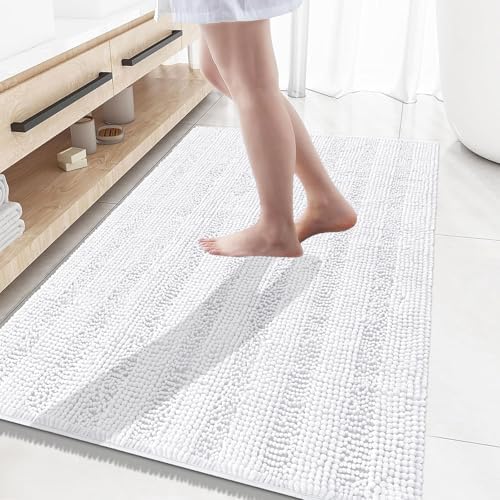 Grandaily Chenille Striped Bathroom Rugs 59x35, Extra Thick and Absorbent Bath Mats, Non-Slip Soft Plush Shaggy Shower Carpet, Machine Wash Dry, Bath Rug for Bathroom, White