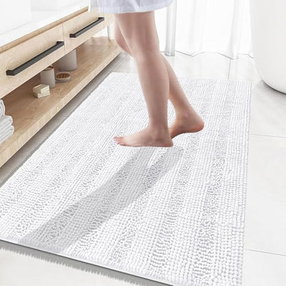Grandaily Chenille Striped Bathroom Rugs 59x35, Extra Thick and Absorbent Bath Mats, Non-Slip Soft Plush Shaggy Shower Carpet, Machine Wash Dry, Bath Rug for Bathroom, White