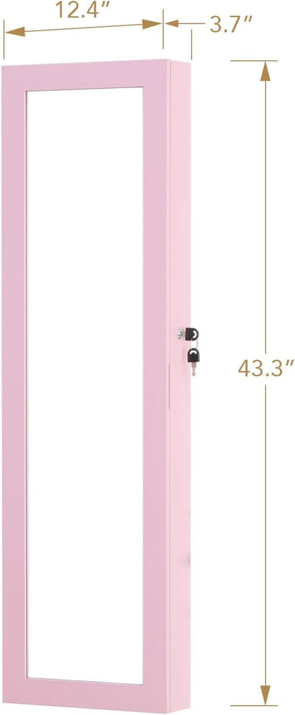 Full Length Mirror Jewelry Cabinet Organizer Lockable Door Wall-Mounted Jewelry Armoire with Shelves and Behind the Door Storage Pink