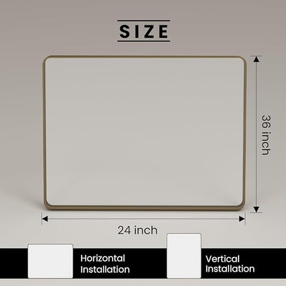 Bronze Bathroom Mirror 24x36 Inch, Brushed Bronze Metal Frame Mirror for Wall, Rounded Rectangle Bathroom Vanity Mirror with Tempered Glass, Anti-Rust, Horizontal/Vertical