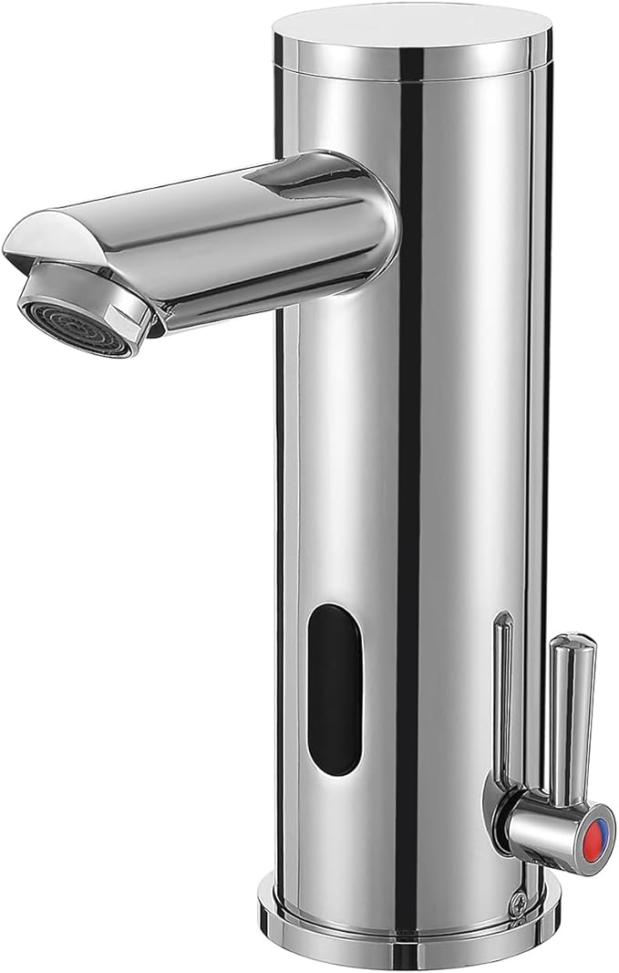 Automatic Touchless Bathroom Sink Faucet Motion Activated Sensor Hands Free Auto Off 1 Hole Commercial Infrared Brass Basin Faucets Adjustable Cold Hot Single Handle Water Mixer（Chrome）