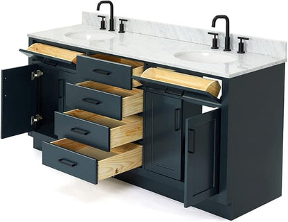 ARIEL Hepburn 72-inch Bathroom Vanity with Sink,Solid Wood, 0.75-inch Italian Carrara Marble Countertop, Double Oval Porcelain Sink, 4 Soft Closing Doors, 6 Dovetail Drawers, Midnight Blue