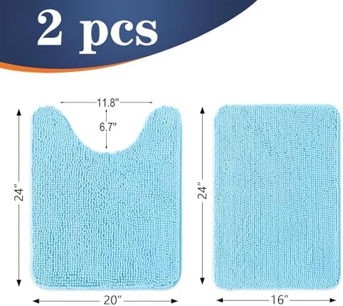 OLANLY Chenille Bathroom Rugs Mats Sets 2 Piece, 24"x16"+24"x20", Sky Blue