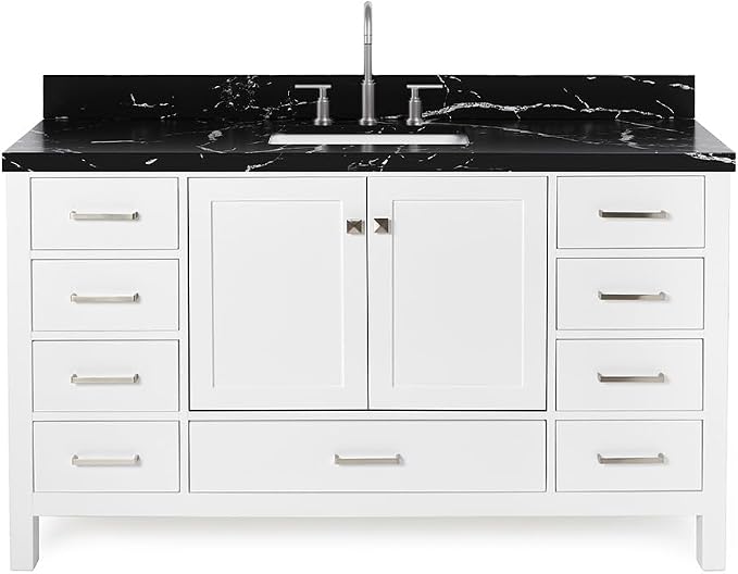 ARIEL Cambridge 60 Inch Single Rectangle Sink Bathroom Vanity with Nero Marquina Black Quartz Countertop 1.5 Inch in White