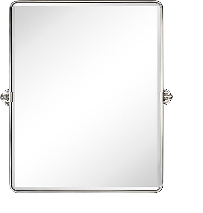Farmhouse Pivot Rectangle Bathroom Mirror Brushed Nickel Metal Framed Tilting Beveled Vanity Mirrors for Wall, Overall 27.91x 30 inches (Mirrror 24 x 30 inches)