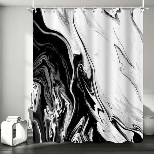 Black Marble Shower Curtain Modern Abstract Luxury Fluid Ink Texture Watercolor Bathroom Curtain Set with Hooks Soft and Lightweight Waterproof Fabric Machine Washable 36" Wx72 L