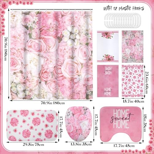 Honoson 8 Pcs Spring Floral Shower Curtain Set with Rugs and Towels