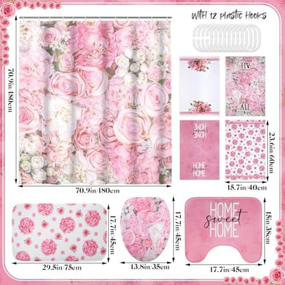 Honoson 8 Pcs Spring Floral Shower Curtain Set with Rugs and Towels