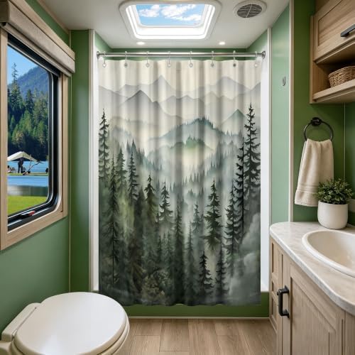 Sage Green Forest Stall Shower Curtain, 54X72 in Narrow Small, Mountain
