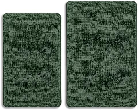 Hunter Green Bathroom Rugs Sets 2 Piece – Absorbent and Washable Bath Mat, Non-Slip, Thick Soft Chenille Bath Rugs for Bathroom Floor, Shower, Sink - 20" x 32"+24" x 36"