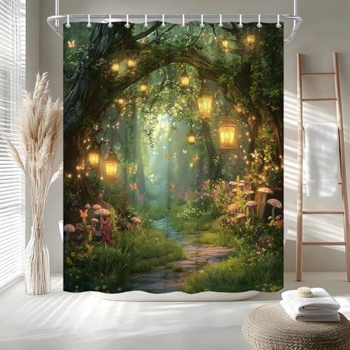 Fantasy Forest Path Shower Curtain Fairy Magical Enchanted Misty Jungle Mushroom Floral Tree Butterfly Lantern Wonderland Plant Bath Curtain Fabric Bathroom Accessories Decor with Hooks 70W x80L