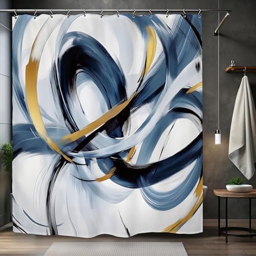 Abstract Navy Blue Shower Curtain 60Wx72L Inch Modern Neutral Minimalist Contemporary Art Bathroom Set Accessories Decor with 12 Pack Hooks