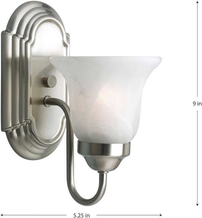 Progress Lighting 1 Light Bathroom Vanity Light, Modern Bath Lighting Fixture with White Glass Shade for Over the Mirror, Alabaster Glass Collection, Reversible Mounting, Brushed Nickel (P3051-09)
