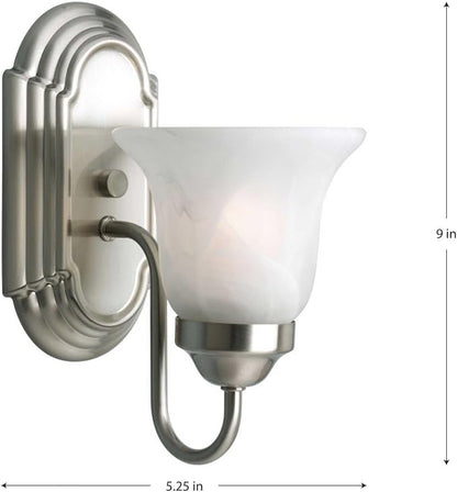 Progress Lighting 1 Light Bathroom Vanity Light, Modern Bath Lighting Fixture with White Glass Shade for Over the Mirror, Alabaster Glass Collection, Reversible Mounting, Brushed Nickel (P3051-09)