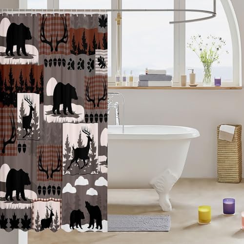Rustic Plaid Shower Curtains Lodge Cabin Bear Bathroom Curtain for Kids Women Men Country Elk Moose Bathroom Accessories Woodland Grey Brown Waterproof Polyester Fabric for Stalls Bathtubs 72"x72"