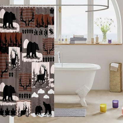Rustic Plaid Shower Curtains Lodge Cabin Bear Bathroom Curtain for Kids Women Men Country Elk Moose Bathroom Accessories Woodland Grey Brown Waterproof Polyester Fabric for Stalls Bathtubs 72"x72"