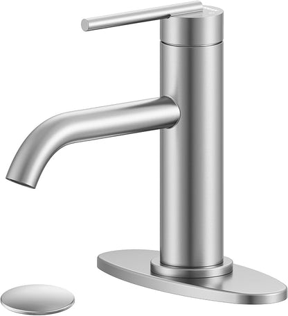 Brushed Nickel Bathroom Faucet for Single Handle,HURRAN Bathroom Faucet 1 Hole with Pop-up Drain and Deck,Fits 1 Hole or 3 Hole Installations for Vanity,Bathroom & RV