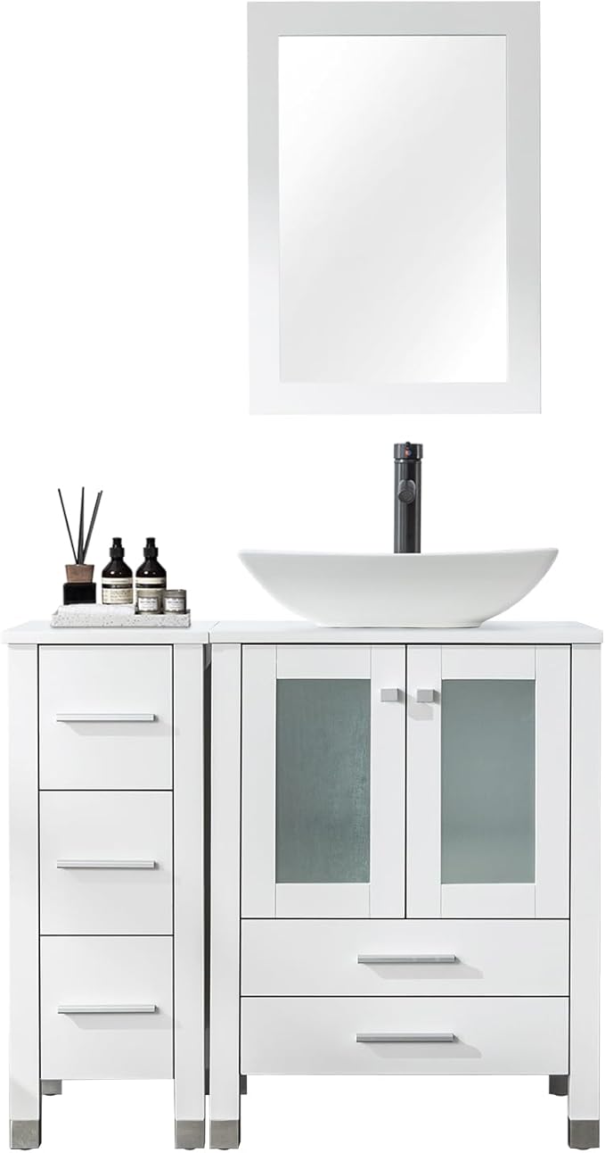 LUCKWIND 36" Bathroom Vanity with Sink Combo, 24-inch Main Cabinet with 12.6-inch Side Cabinet, Painted Bathroom Storage Cabinet with 5 Drawers, Including Curved Rectangle Sink Without Mirror, White