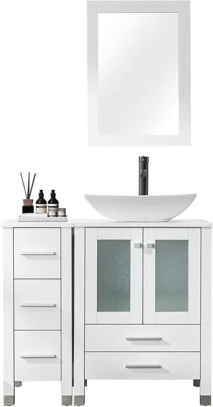 LUCKWIND 36" Bathroom Vanity with Sink Combo, 24-inch Main Cabinet with 12.6-inch Side Cabinet, Painted Bathroom Storage Cabinet with 5 Drawers, Including Curved Rectangle Sink Without Mirror, White